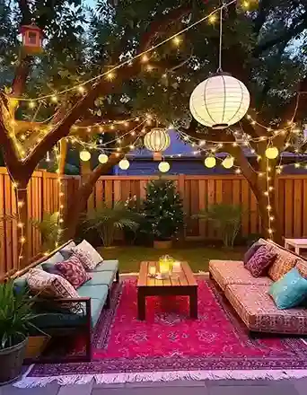 Outdoor festive lounge setup with lights and cozy seating for Eid celebration | Outdoor Festive Lounge Setup | Festival Decorations | Outdoor Decorations | Decorations Guru